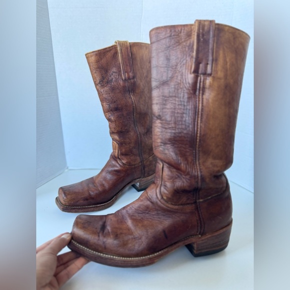 Vintage 70s FRYE Brown Leather Square Toe Campus Boots Black Label Made in USA 9 - Picture 1 of 14
